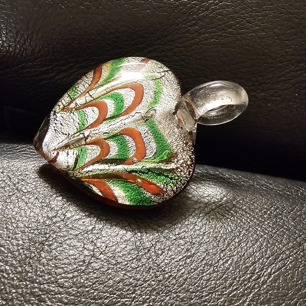 Artistan Heart Glass Pendant Red, Orange, Green & Silver Iridescent Design EUC